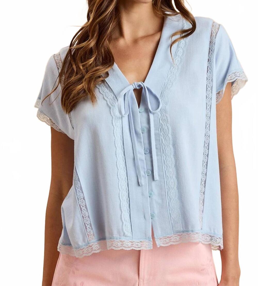 NEW ANNIEWEAR linen tie-front oversized top with lace accent in light blue